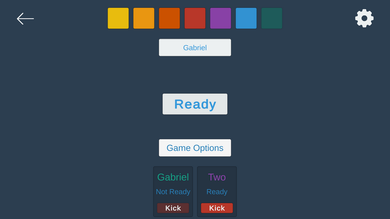 player name input, color selection menu, ready button, list of players