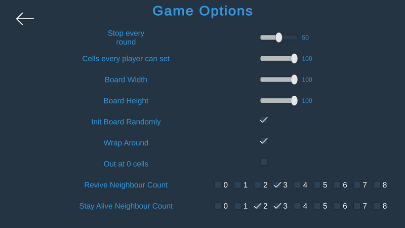 options screen, editable cells per player, board size, evolution rules