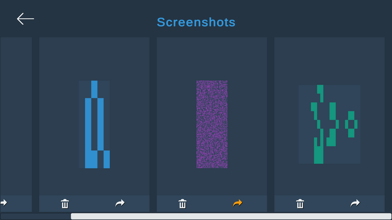 multiple screenshots of game states, each with delete and share button