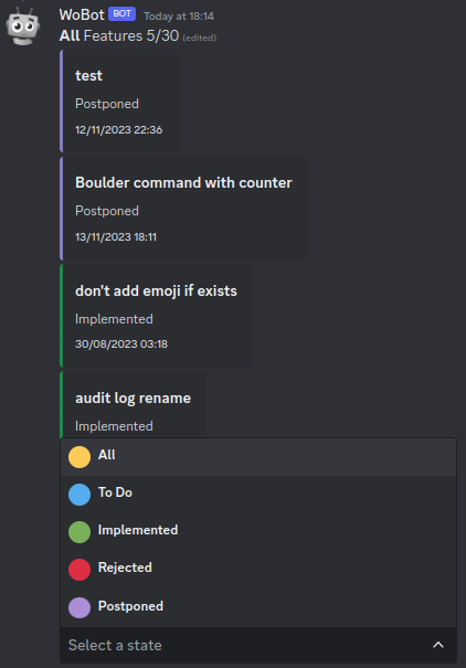 a Discord embed with a list of ideas, each with a title, description, and state