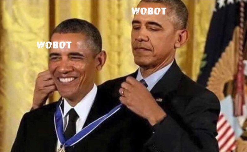 a meme of Obama giving himself a medal, both Obamas are labeled WoBot